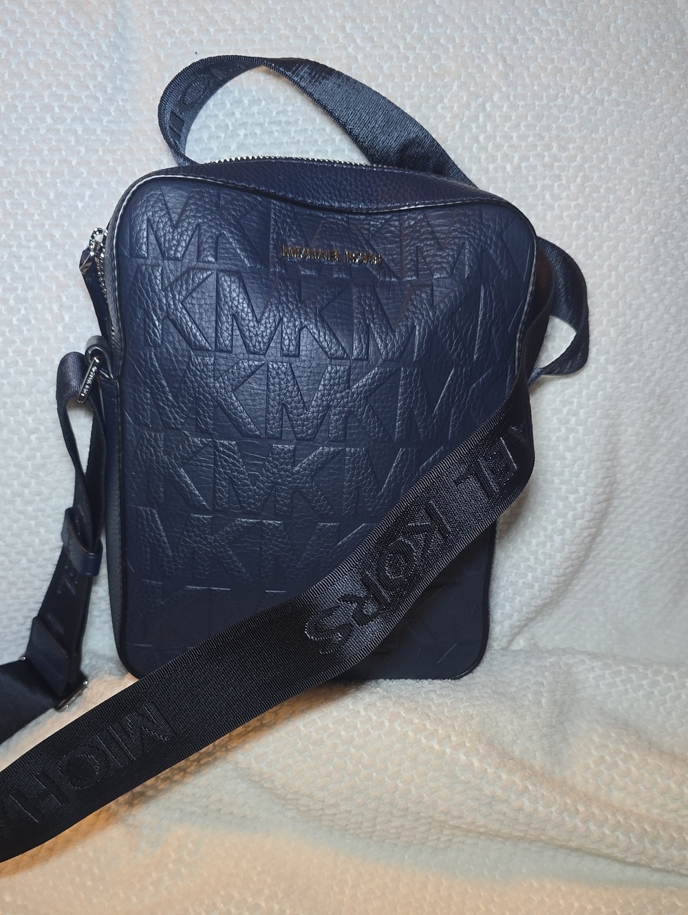 Michael Kors Navy Embossed MK Logo Messenger Bag